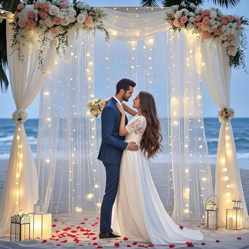GUANSEN 10 x 10 FT Pearl White Tulle Backdrop Curtain with Lights Strings,Wedding Background Curtain Baby Shower Birthday ...