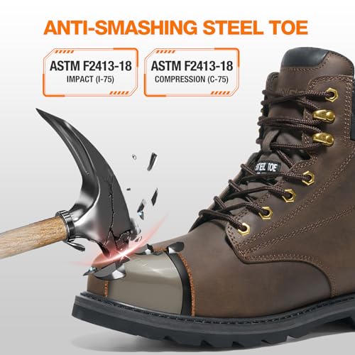 NINGO Steel Toe Work Boots for Men, Waterproof Comfortable Leather Industrial & Construction Boots, Oil & Slip Resistance ...