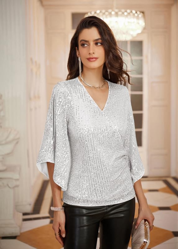 GRACE KARIN Womens Sparkly Sequin Tops,3/4 Sleeve Glitter Party Dressy Blouse,V-Neck Disco Evening Club Concert Shirt
