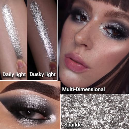Afflano Silver Glitter Eyeshadow Super Pigmented, Intense Color Gray Silver Eyeshadow Palette Single, Long Lasting Sparkle...