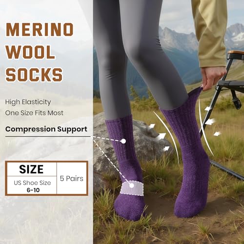 Pleneal Merino Wool Hiking Socks for Men, Thick Thermal Warm Winter Crew Boot Cushion Wicking Socks 5 Pairs for Cold Weather