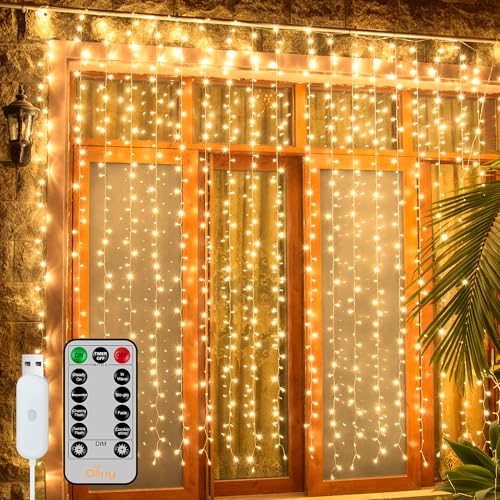 Ollny Curtain Lights 6.6x6.6ft, 200 LED String Lights with Remote 8 Modes Dimmable Timer, USB Power Fairy Light for Bedroo...