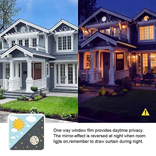 Filmgoo One Way Privacy Film, Window Tint for Home, Mirror Vinyl Roll Heat Control Anti UV Static Cling Sliding Door Coverings No Glue Garage Solar Paper (Black Silver,17.5 Inch X 94.48 Inch)