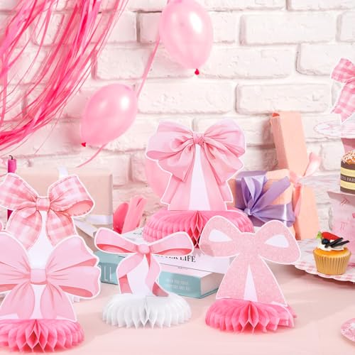 12 Pcs Pink Bow Party Honeycomb Centerpieces Pink Bow Table Centerpieces Coquette Theme Birthday Decorations Bow Party Dec...