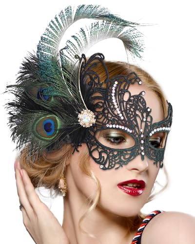 Zinniday Feather Masquerade Mask for Women - Halloween Lace Eyemask with Removable Peacock Feathers, Venetian Party Masks