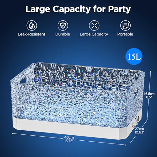 DaJi-U Plastic Ice Bucket for Parties, 15Liter / 4 Gallon Big Large Clear Beverage Tub for Champagne Beer Drink Wine Cockt...