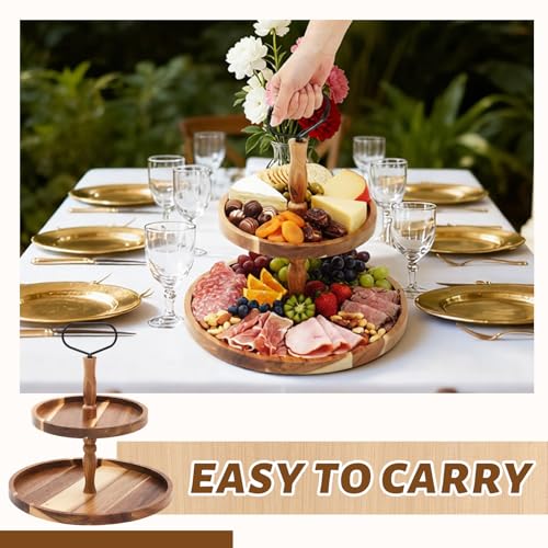 LemonRoad 2 Tiered 360° Rotatable Acacia Charcuterie Boards gift Large Wood Serving Tray Charcuterie cake stand,Perfect fo...