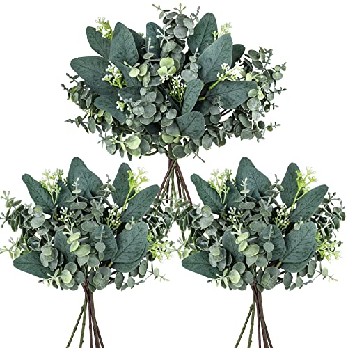 Winlyn 20 Pcs Mixed Artificial Oval Eucalyptus Leaves Bulk with White Seeds Stems and Spray for Vase Floral Wreath Bouquet...