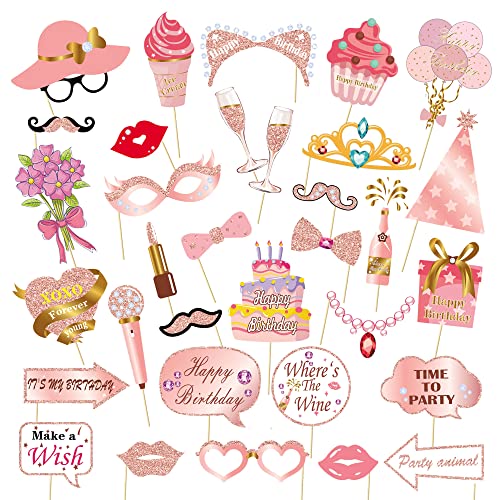 Birthday Decorations, Tumwisk 33PCS Birthday Photo Booth Props, Rose Gold Happy Party Decorations for Women, Glitter Selfi...