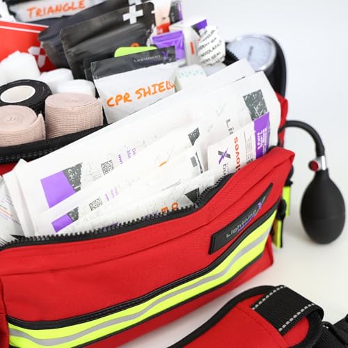 Lightning X Mid-Sized First Responder EMT Bag | LXMB25 | Fully Stocked w/ 240+ First Aid, EMS & Trauma Supplies - RED