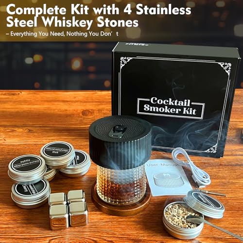 Electric Whiskey Smoker Kit–Rechargeable Cocktail Smoker Kit with Built-in Lighter, 6 Wood Chip Flavors–Old Fashioned Smok...