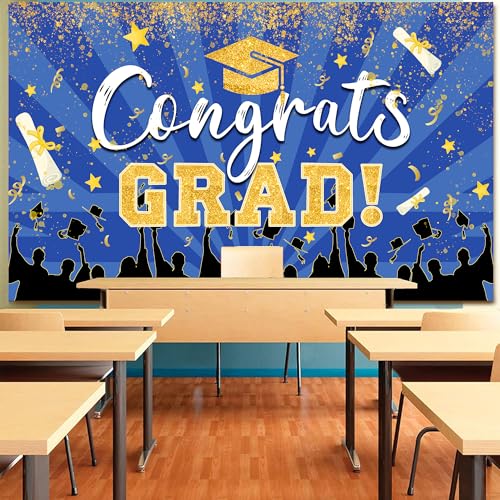 2026 Congrats Grad Graduation Backdrops 10x8 FT Blue and Gold Picture Background Class of 2026 Graduation Prom Party Banne...