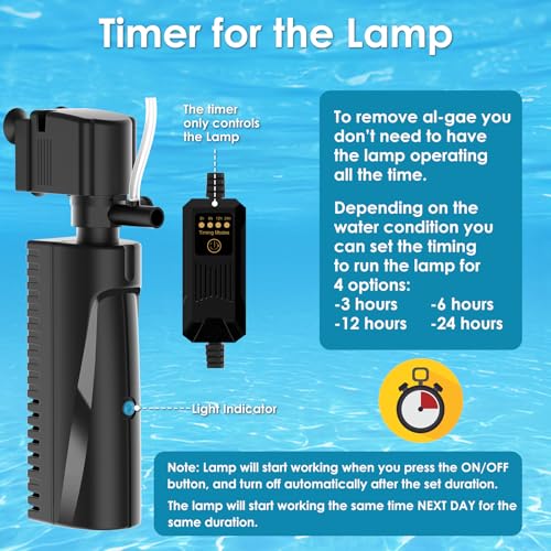 Devopet Aquarium U-V Filter for Green Water, Fish Tank Filter with Timer U-V Light, Turtle Tank Filter, Internal Filter wi...