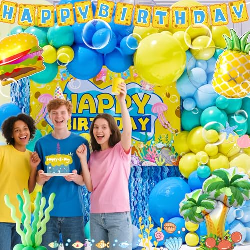 Sponge Birthday Decorations Kit - 153Pcs Under the Sea Party Supplies with Balloon Arch, Backdrop & Video Guide - All-in-O...