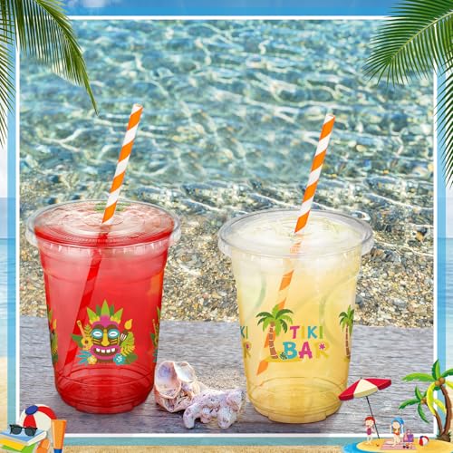 Jingmore 50 Pcs 16 oz Tiki Bar Plastic Cups Bulk with Lids and Straws Disposable Tropical Clear Drinking Cups for Tiki Bar...