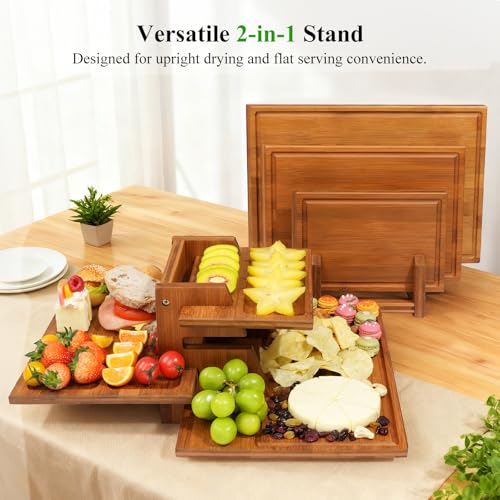 Bamboo Cutting Board Set with Stand, 3PCS Double-Sided Chopping Boards for Kitchen Meal Prep & Serving, Charcuterie, Juice...