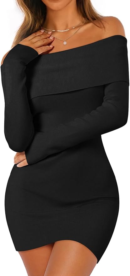 MEROKEETY Women's Sexy Off Shoulder Sweater Dress 2026 Winter Spring Long Sleeve Bodycon Club Night Out Mini Dresses