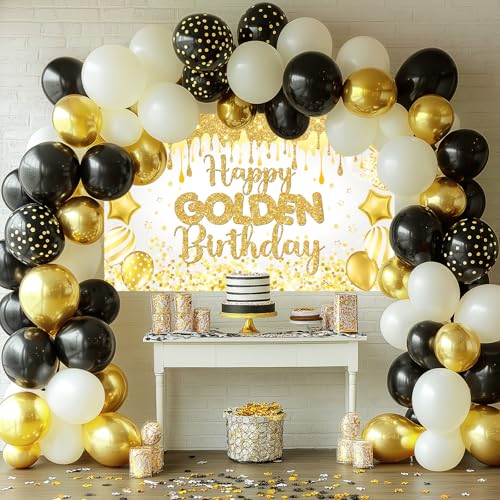 Mocsicka Happy Golden Birthday Backdrop Gold Shiny Glitter Balloons Golden Birthday Banner Party Decorations Photo Booth P...