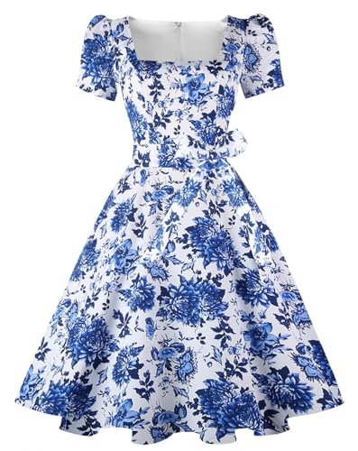 OBBUE Women's Square Neck Dress Vintage 1950s Cocktail Party Dress with Puff Sleeves
