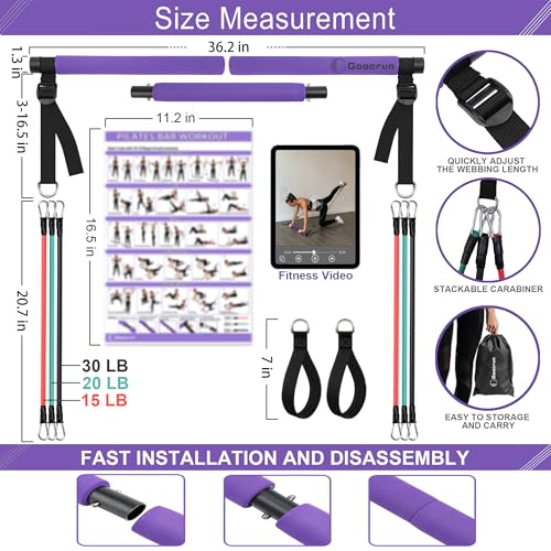 Goocrun Portable Pilates Bar Kit with Resistance Bands for Men and Women - 3 Set Exercise Resistance Bands - Multifunction...