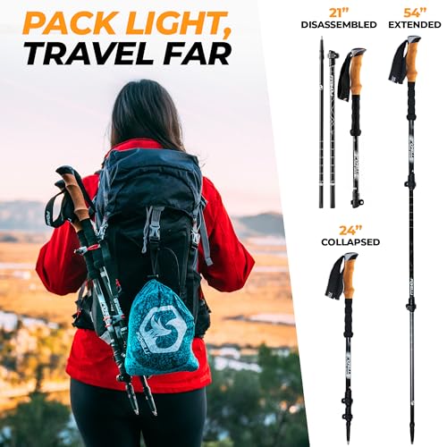 Foxelli Carbon Fiber Trekking Poles – Lightweight Collapsible Hiking Poles with Cork Grips, Quick Flip Locks & All-Terrain...