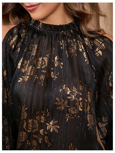 GORGLITTER Women's Cold Shoulder Tops Blouse Fall Dressy Casual Lantern Long Sleeve Mock Neck Pleated Work Shirt Tops