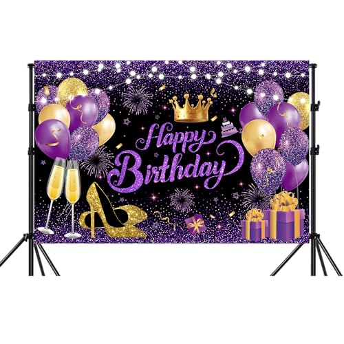 YinQin 180x120 cm Glitter Black Purple Golden Happy Birthday Party Photo Backgrounds Backdrops Cloth 71x47 inch Purple Gol...