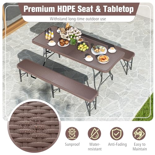 Goplus 6 FT 3-Piece Portable Picnic Table Bench Set, HDPE Rattan-Like Plastic Folding Picnic Tables with Benches, Foldable...