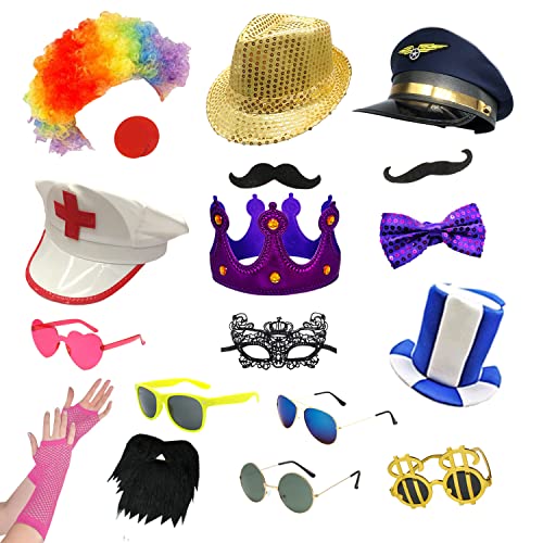 18 Pcs Funny Photo Booth Props for Adults - Assorted Dress Up Costume Hats and Fun Sunglasses - Fun Photo Booth Props Kits...