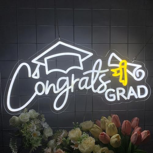 Congrats Grad Neon Sign Congrats Neon Lights Signs for Wall Decor with Dimmable Backdrop LED Light Up Signs for Party, Pho...