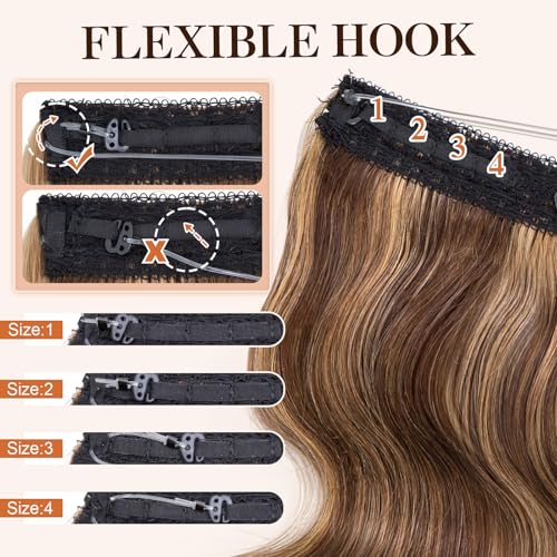 Halo Hair Extensions Real Human Hair,S-noilite 100% Wavy Human Hair Halo Extensions for Women65g/16inch 4P27 Medium Brown Mixed Dark Blonde