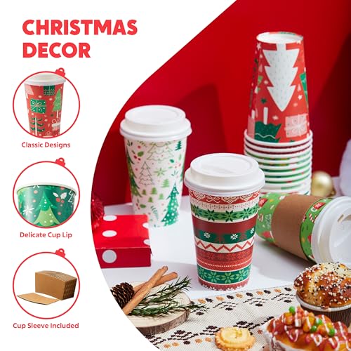 JOYIN 48 Pcs Merry Christmas Disposable Cups with Sleeves and Lids, 8 Designs Xmas Drinkware 16 oz Paper Cup For Hot Choco...