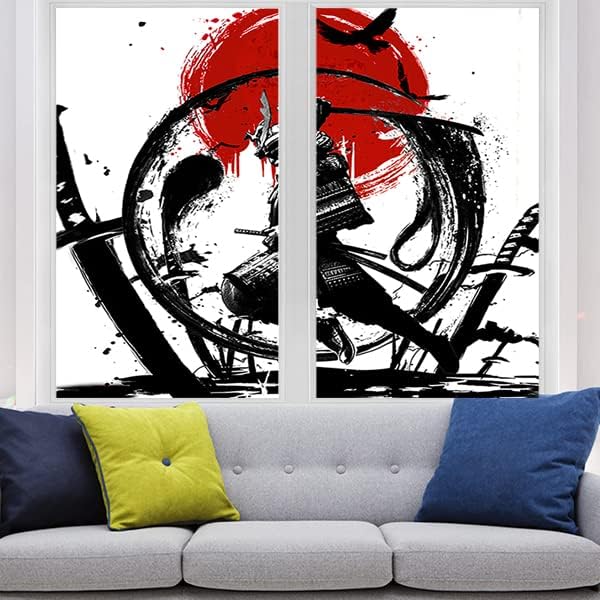 Japanese Samurai Decorative Window Film Watercolor Ink Samurai Sword Red Sun Printdining Room Window Film,Dorm Room Glass Film 23.6Wx35.4L-Inch X2Pcs