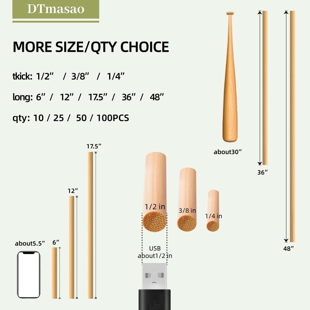 1/4 x 17.5 Inch 25 PCS Dowel Rods Wood Sticks Wooden Dowel Rods - Unfinished Bamboo Sticks - for Crafts and DIYers