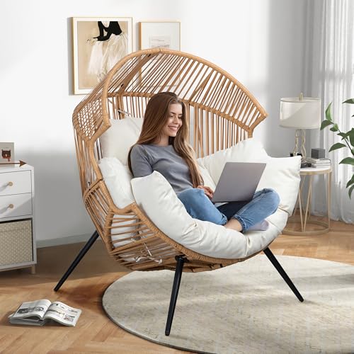 Shintenchi Wicker Egg Chair Outdoor Rattan Patio Chair with Cushion,Oversized Patio Lounge Chairs with Cushion Egg Basket ...