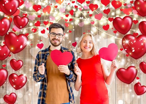 Dudaacvt 7x5ft Valentine's Day Backdrop Rustic Wood Red Love Heart Background for Mother's Day Wedding Bridal Shower Party...