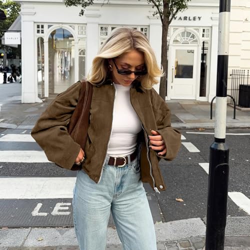 kipfall Womens Faux Suede Jackets Fall Fashion Outfits Coat Winter Clothes Open Front Cropped Jacket