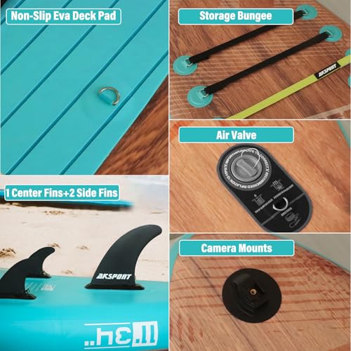 AKSPORT Inflatable Stand Up Paddle Board, SUP Board with All Accessories, Wide Stable Design, Non-Slip Deck, Inflatable Pa...
