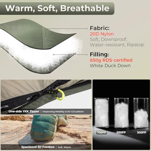 ATEPA 0 Degree Sleeping Bag, 700FP 15°F 20°F 23°F 30°F Down Mummy Cold Weather Double Lightweight Wide XL Sleeping Bags wi...