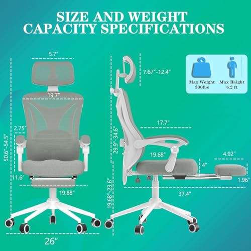 Ergonomic Office Chair with Footrest - Adjustable Lumbar Support & Headrest, 90-160° Reclining Mesh Back Computer Chair - ...
