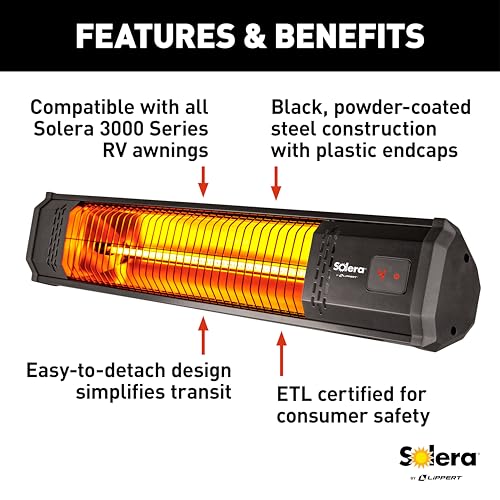 Solera Detachable Electric RV Awning Outdoor Patio Heater with Built-in Timer, Powder Coated Steel Construction, UL Certif...