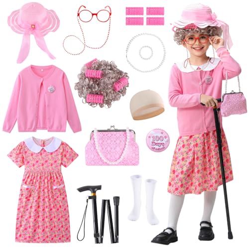ZelJoyla Old Lady Costume for Kids 100 Days of School Costume for Girls 13 pcs 100th Day of School Granny Old Lady Dress Up