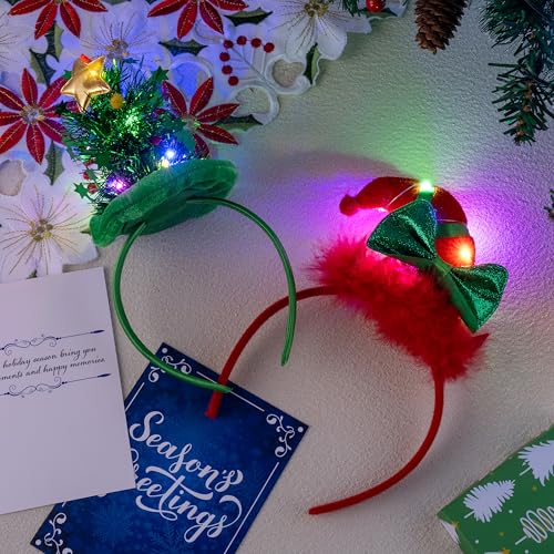 JOYIN 2 PCS Christmas LED Headband, Tree and Elf Hat Designs Headband with LED Lights for Christmas Party Decoration