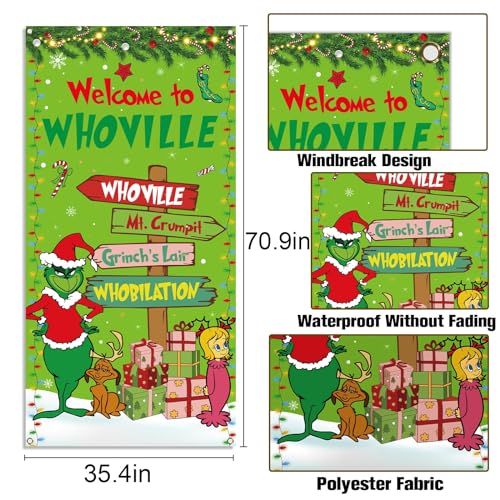 Sunwer Welcome Xmas Door Cover Green Elf Christmas Winter Holiday Party Decoration Front Porch Sign Backdrop Banner for Ho...