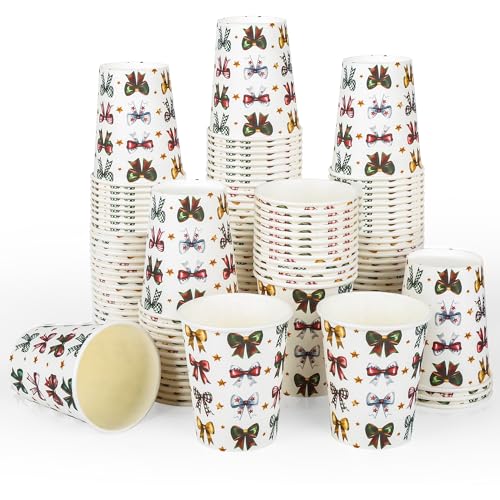Houuqe 100 Pcs 9 oz Christmas Ribbons Bows Paper Cups Disposable Coquette Bowknot Coffee Cups Hot Cocoa Chocolate Paper Cu...