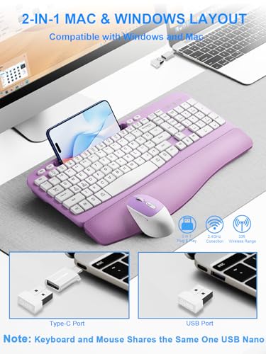 Wireless Keyboard and Mouse Combo, Wave Keys Computer Ergonomic Keyboard with Cushioned Plam Rest, Phone Holder, 2.4GHz Si...