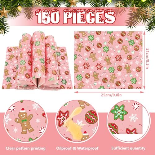 150Pcs Christmas Wax Paper Pink Gingerbread Man Snowflake Deli Paper Tissue Xmas Winter Sandwich Wrap Paper Oil-Proof Picnic Liners for Party Kitchen Supplies