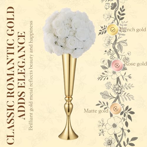 Aurabee 12 Pcs Tall Gold Trumpet Vases for Centerpieces & Wedding Tables - 21.65" Tall Gold Flower Vase Set with Weighted ...