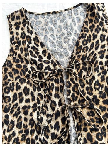 WDIRARA Women's Leopard Print Bow Tie Front Vest Sleeveless V Neck Crop Tank Top