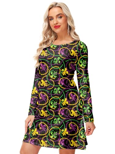 Deerose Women Vanlentine Dress Long Sleeve Mardi Gras Holiday Printed A Line Dresses with Pockets
